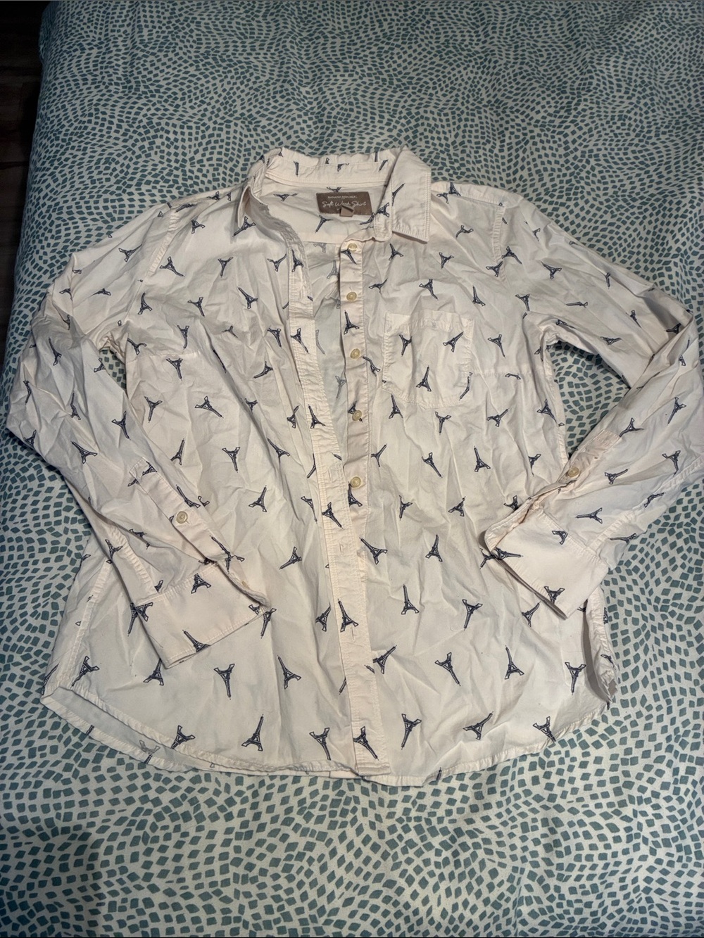 Women’s White Long-Sleeve Button-Up Shirt with Eiffel Tower Print